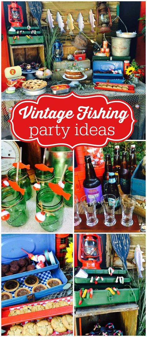 Fishing Party Ideas, Gone Fishing Party, Fishing Theme Party, Fishing Themed Birthday Party, Food Tables, Baby Shower Fishing, Bait Shop, Fishing Birthday Party, Tackle Shop