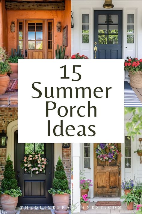 Refresh your front porch this summer with lots of inspirational ideas, perfect for small spaces. Incorporate pots filled with vibrant flowers and lush plants to create a welcoming entrance that combines farmhouse charm with contemporary decor. Small Porch Ideas Entrance Front Entry, Farmhouse Porch Planters, Front Steps Decorating Ideas, Entrance Ideas Entryway Outdoor, Front Porch Decorating Summer, Front Porch Ideas Plants, Closed In Porch Decorating Ideas, Front Porch Container Ideas, Welcoming Front Porch Ideas