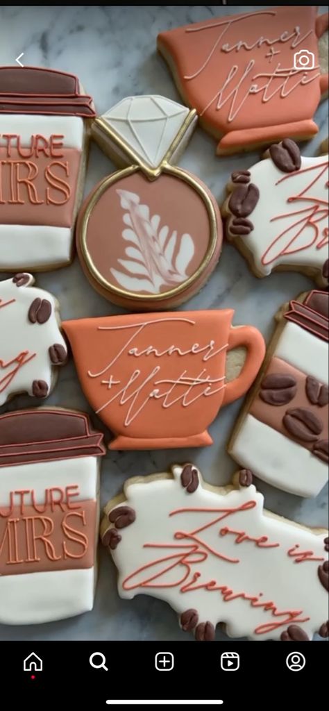 Coffee Themed Shower Ideas, Brunch Bridal Shower Cookies, Earth Tones Bridal Shower Decor, Wedding Shower Coffee Theme, Love Is Brewing Bridal Shower Ideas Espresso Martini, Coffee Themed Party Favors, Love Is Brewing Coffee Bridal Shower Ideas, Love Is Brewing Cookies Decorated, Coffee Theme Cookies