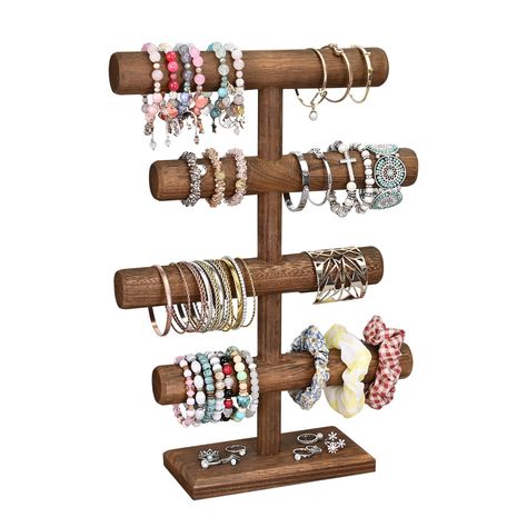 PRICES MAY VARY. WOODEN JEWELRY DISPLAY - This wooden bracelet holder is perfect for trade shows, businesses, storefront displays, professional and casual use, for presenting and displaying your jewelry. 4-TIER T-BAR JEWELRY STAND - The display features multiple T-bars, offering sufficient spaces for storing and displaying your bracelets, bangles, necklaces, chains, hair bands, and etc. NECKLACE WATCH DISPLAY STAND - The rectangular base and bars have a beautiful beveled edge design. MATERIAL & Jewelry Counter Design, Bracelet Holder Ideas, Bracelet Storage Ideas, Jewelry Display Ideas Craft Show, Bracelet Displays For Craft Shows, Bracelets Organizer, Vintage Market Booth Ideas, Bracelet Display Ideas, Bookmark Display