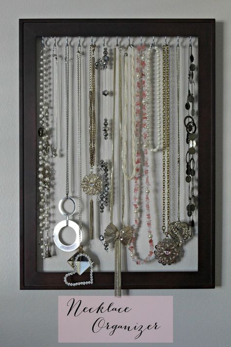 Diy Necklace Organizer, Diy Jewelry Holder Necklaces, Diy Jewelry Rack, Hanging Necklace Organizer, Wire Necklace Hanger, Necklace Organizer Diy, Picture Frame Necklace Holder, Photo Frame Jewelry Organizer, Diy Jewelry Stand