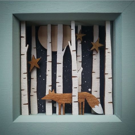 Forest Diorama, Fox In The Forest, Paper Cutout Art, Matchbox Art, Shadow Box Art, 3d Shadow Box, Cardboard Art, Silver Birch, Paper Cut Art