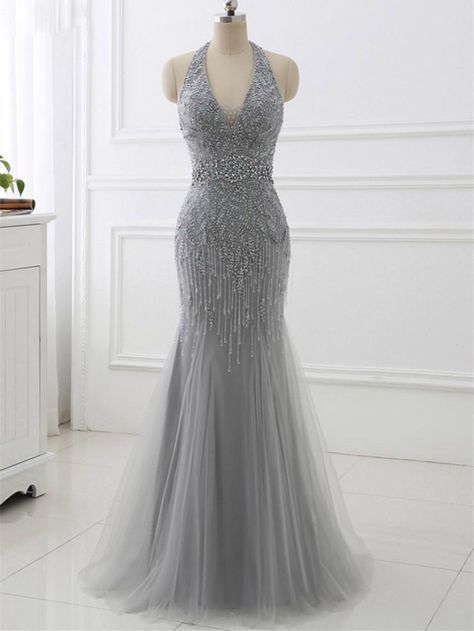 Prom Night Dress, Prom Dress Pattern, Dresses With Beading, Grey Evening Dresses, High Neck Prom Dress, Formal Women, Grey Prom Dress, V Neck Prom Dresses, Prom Dresses 2019