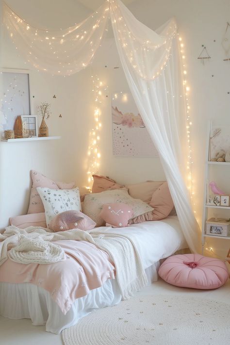 37 Easy Ideas To Decorate A Little Girls Bedroom On A Budget Girls Bedroom With Lights, Bed Backdrop Ideas, Girls Bedroom Ideas 10-12, Aesthetic Rooms Girl, Bedroom Ideas For 9 Year Girl, Ten Room Ideas, Girls Box Bedroom Ideas, 16 Year Girl Bedroom Ideas, Aesthetic Girls Room Ideas