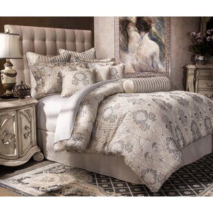 Western Comforter Sets, Michael Amini, Luxury Bedding Set, Upholstered Panel Bed, Ruffle Bedding, Grey Pillows, King Comforter Sets, Upholstered Panels, Bedrooms Decor