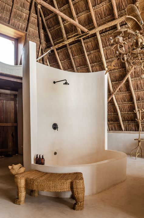 African House, Tulum Hotels, Mud House, Mini Pool, Thatched Roof, Bathroom Inspiration Decor, Earthship, Village House Design, Outdoor Shower