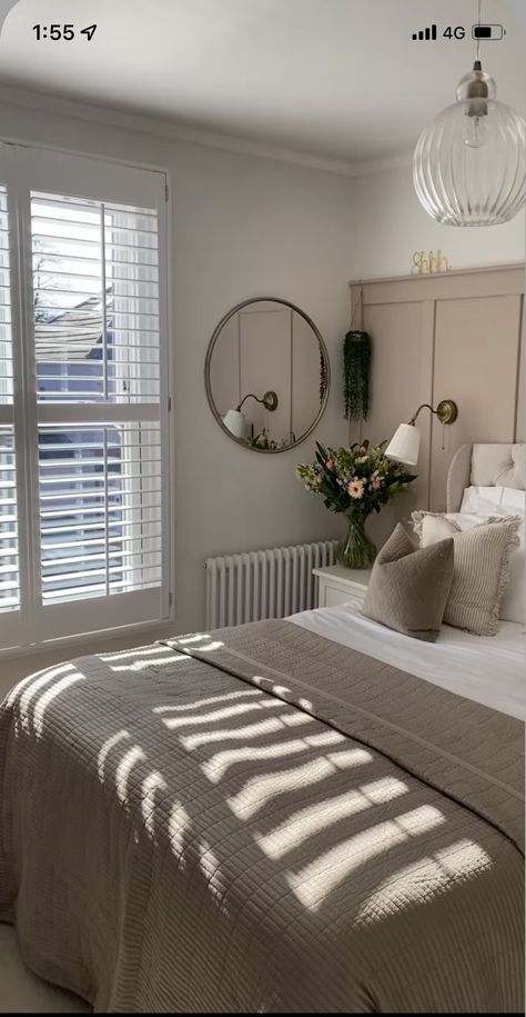 Main Bedroom Neutral Colours, Next Bedroom Ideas, Neutral Panelled Bedroom, Spare Bedroom Inspirations, Half Panelled Walls Bedroom Ideas, Uk Bedroom Ideas Inspiration, Council House Bedroom Ideas, Cottage Dressing Room, Small Classy Bedroom