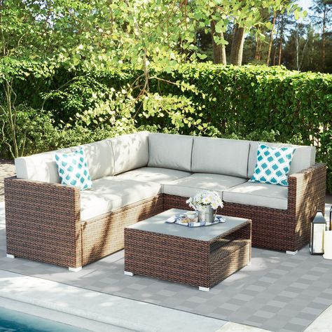 PRICES MAY VARY. ✅【Sturdy & Modern】SUNBURY 4 Piece outdoor patio furniture is made of all-weather PE resin wicker which is need over 20 hours to weaving a set of full hand woven rattan! Rust-resistant powder-coated steel frames can ensure the firmness and stability and provide a long time use. ✅【Cushion Comfort】3-inch thick cushion padded with elasticity sponge core to provide this outdoor sectional set comfort strong enough to resist deforming while soft enough to relax into an entire afternoon Tempered Glass Coffee Table, Outdoor Sectional Furniture, Wicker Sofa Outdoor, Sectional Furniture, Balcony Furniture, Patio Sectional, Wicker Sofa, Patio Sofa, Outdoor Wicker