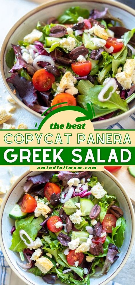 Copycat Panera Greek Salad Panera Greek Salad Recipe, Panera Greek Salad, Easy Greek Salad, Panera Recipes, Panera Copycat, Greek Salad Recipe, Copycat Panera, Greek Vinaigrette, Greek Dinners