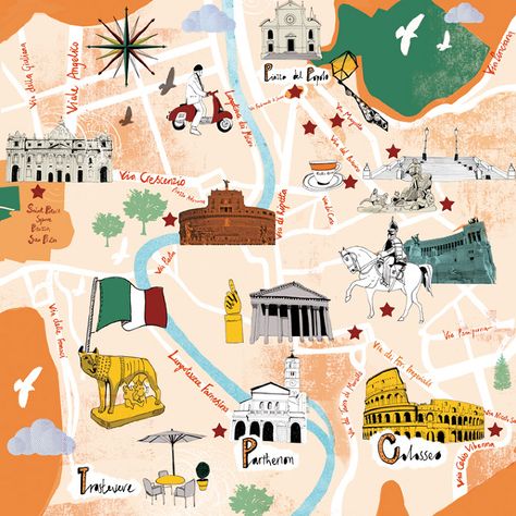 Rome, Italy Rome Map Illustration, Map Of Rome, Rome Map, Train Map, Travel Collage, Different Artists, Italy Map, Map Decor, Happy Travels