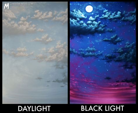 Black Light Mural, Uv Art, Starry Ceiling, Carnival Lights, Sky Ceiling, Night Clouds, Glow Paint, Tree Mural, Ceiling Murals