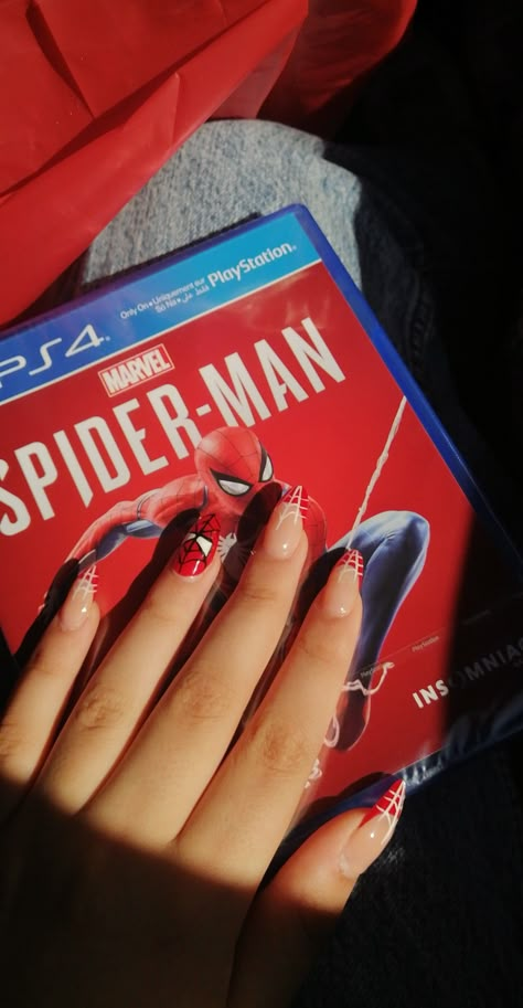 Spiderman Nails Coffin, Spider Man Nails Aesthetic, Spider Man Themed Nails, Easy Spider Man Nails, Spidy Nails, Spiderman Themed Nails, Spiderman Nails Almond, Easy Spiderman Nails, Spider Man Nail Art