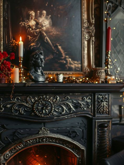 Mantel Decoration Ideas, Cream Fireplace, Gothic Fireplace, Gothic Farmhouse, Mantel Decorating Ideas, Dark Cottage Core, Mantel Decorating, Fireplace Mantle Decor, Black Fireplace