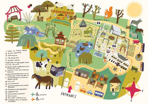 Map | Botanic Gardens & Self Catering Cottages | Samarès Manor, Jersey Farm Map, Garden Map, Map Art Illustration, Olvera Street, Self Catering Cottages, Map Shop, Wedding Site, Calendar Stickers, Travel Illustration