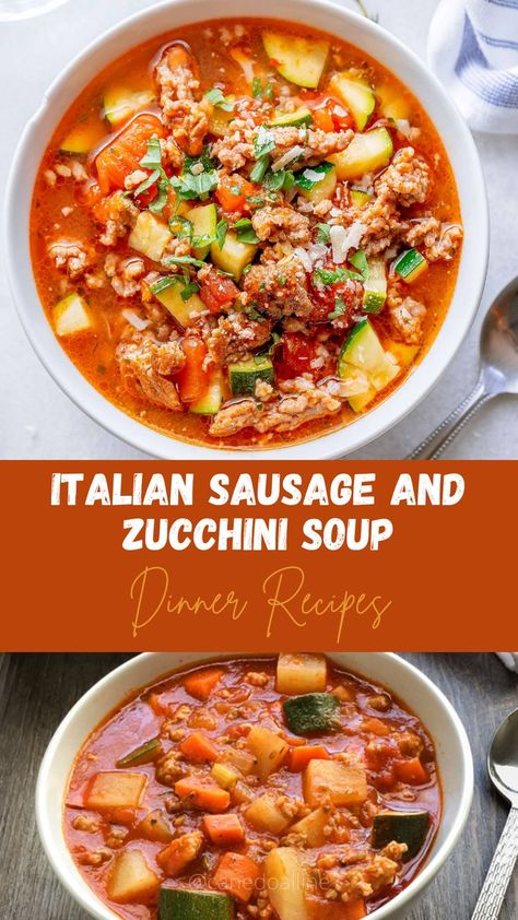 Zucchini Tomato Italian Sausage Soup, Tomato Italian Sausage Soup, Zucchini And Tomatoes, Easy Soup Recipes Healthy, Zucchini Soup Recipes, Sausage Soup Recipes, Fresh Zucchini, Zucchini Tomato, Italian Sausage Soup