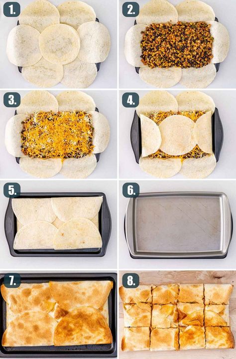 Sheet Pan Quesadilla with chicken baked in the oven, enough to feed a crowd! This giant Quesadilla is stuffed with Mexican seasoned chicken, black beans, corn, bell peppers, and lots of gooey cheese. #quesadilla #sheetpanquesadilla #recipe Sheet Pan Quesadillas, Quesadilla Recipes Easy, Sheet Pan Recipes, Quesadillas, Mexican Dishes, Tortillas, Sheet Pan, Quick Meals, Food Dishes