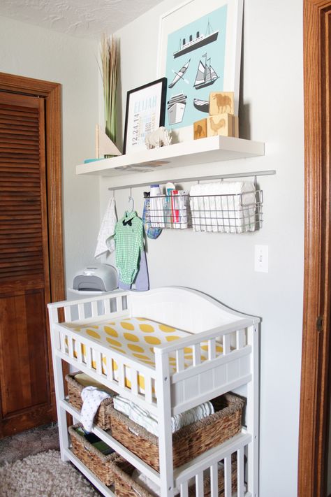 Looking for pieces to recreate this hanging basket arrangement. Changing Station Wall Storage, Changing Table Wall Storage, Wall Above Changing Table, Above The Changing Table Decor, Nursery Shelves Above Changing Table, Changing Table Shelves, Outfit Rack, Changing Table Ideas, Ikea Rack