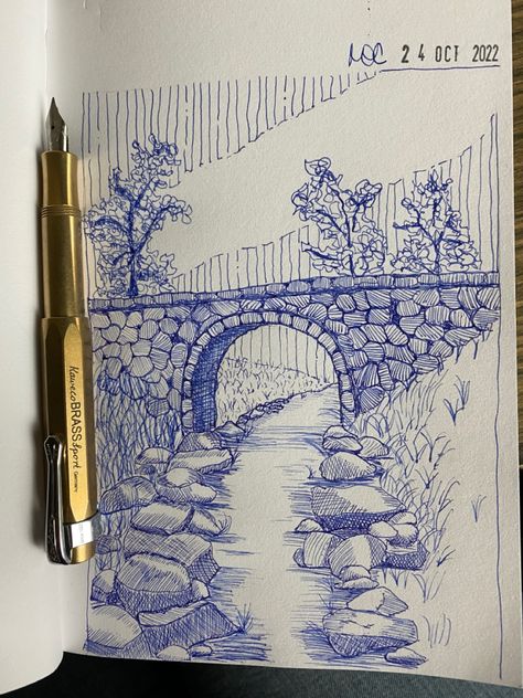 Follow Instagram: @milyortiz_art Small Pen Drawings, Blue Pen Drawing Easy, Bridge Drawing Easy, Pen Art Easy, Pen Art Ideas, Bridge Sketch, Bridge Drawing, Ballpoint Pen Art, Aesthetic Architecture