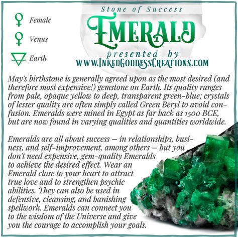 A raw cluster of emerald crystals in calcite matrix sits against a white background. The text explains emerald's metaphysical correspondences, some trivia about its history, and ways to use it in your magickal practice. Presented by Inked Goddess Creations. Crystal For Success, Emerald Meaning, Cleansing Spells, Witch Woman, Crystals Healing Grids, Crystal Magick, Natural Philosophy, Crystal Vibes, Loving Energy