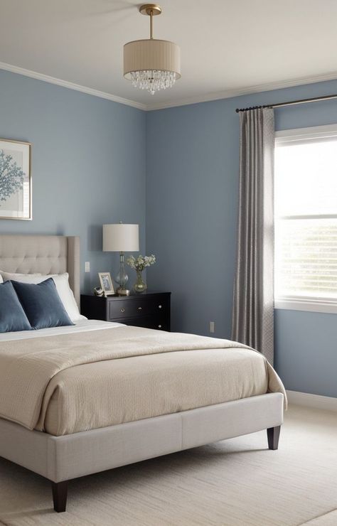 Create a serene and calming atmosphere in your bedroom with a beautiful shade of blue on the walls. Add some minimalist wall art and natural wood furniture to complete the tranquil aesthetic. Design a dreamy bedroom oasis with a blue wall as the focal point. Choose a statement upholstered bed frame and coordinate with matching curtains for a cohesive look. Accessorize with metallic accents and soft textures for a touch of luxury. Blue Feature Wall Bedroom, Pascal Wallpaper, Baby Blue Bedrooms, Light Blue Bedroom, Free Home Decor, Blue Gray Bedroom, Blue Bedroom Walls, Feature Wall Bedroom, Bedroom Color Combination