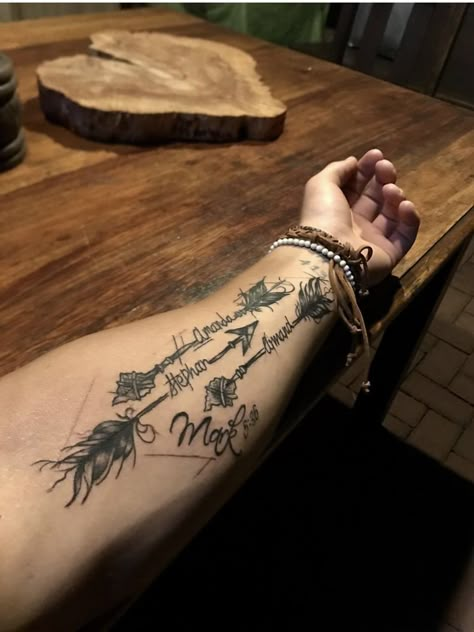 Arrow Sleeve Tattoo, Biblical Arrow Tattoo, Kids Name Tattoos For Men, Arrow Tattoo Men, Tattoo Arrows, Indian Arrow Tattoo, Arrow Forearm Tattoo, Arrow Tattoos For Women, Arrow Tattoo Design