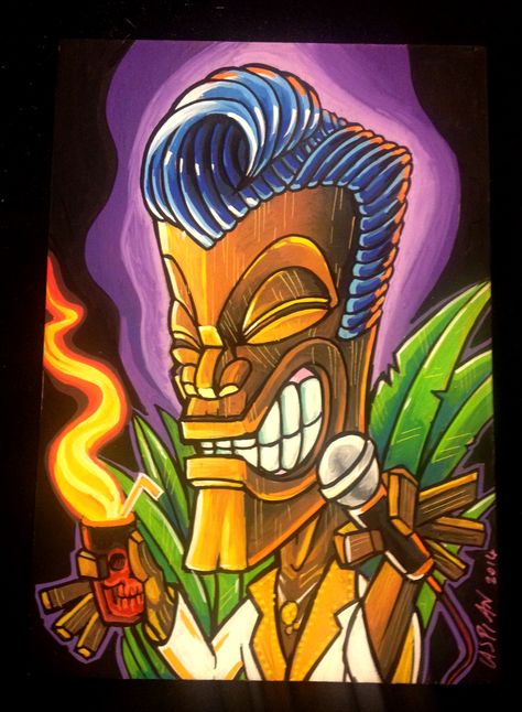 Another Tiki Elvis done with Posca on marine grade plywood. 2014 Tiki Tattoo, Marine Grade Plywood, Luau Theme Party, Luau Theme, Posca Art, Pencil Art, Theme Party, Pencil Drawings, Plywood