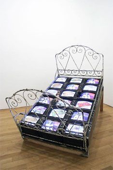 Nam June Paik, TV Bed (1971 / 92) Unmade Bed, Nam June Paik, Tv Bed, Tv Beds, Art Appliqué, Van Gogh Art, Video Installation, Visual Display, Metal Bed Frame