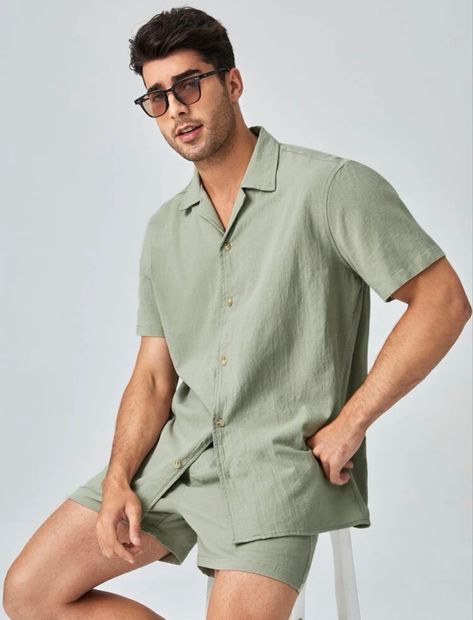 Mens trending 2023 style fashion spring and summer Men Co Ord Set, Black Mens Casual Outfits Summer, Sage Green Men Outfit, Mens Matching Sets, Mens Semi Casual Outfits, Preppy Mens Fashion Summer, Mens Summer Fashion 2023, Cancun Outfits Men, Mens European Fashion Summer