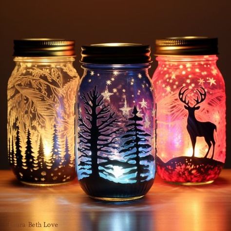 Dishfunctional Designs: DIY Painted Luminary Jars For The Holidays Painted Mason Jars Diy, Candle Jars Crafts, Jars Crafts, Painting Glass Jars, Recycled Jars, Jar Projects, Jar Crafts Diy, Mason Jar Projects, Jar Art