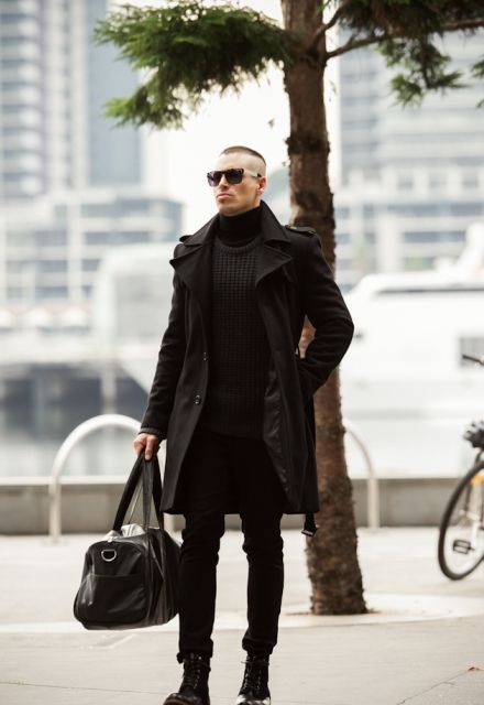 Timeless all-black men outfit with a black trench coat with turtleneck, straight pants, mid calf boots and tote Black Coat Winter Outfit, Coat Winter Outfit, Australian Style, Black Clothes, Men With Street Style, Black Winter Coat, Mission Impossible, Coat Winter, Street Style Winter