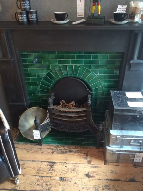 Emerald fireplace from an Edwardian home Emerald Fireplace, Emerald Tile Fireplace, Emerald Green Fireplace, Vintage Fireplace Tile, Green Tile Fireplace Surround, 1930s Tiled Fireplace, Green Marble Fireplace, Art Deco Tiled Fireplace, Fireplace Edwardian