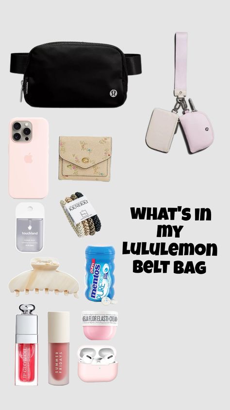 What's in my lululemon belt bag #wishlist #whatinmybag #lululemon #beltbag Outfits To Wear With Lululemon Belt Bag, What To Put In Your Belt Bag, Lululemon Crossbody Bag Outfit, Croquet Aesthetic, Lululemon Products, Lululemon Wishlist, Belt Bag Outfit, Bag Wishlist, Lululemon Belt Bag