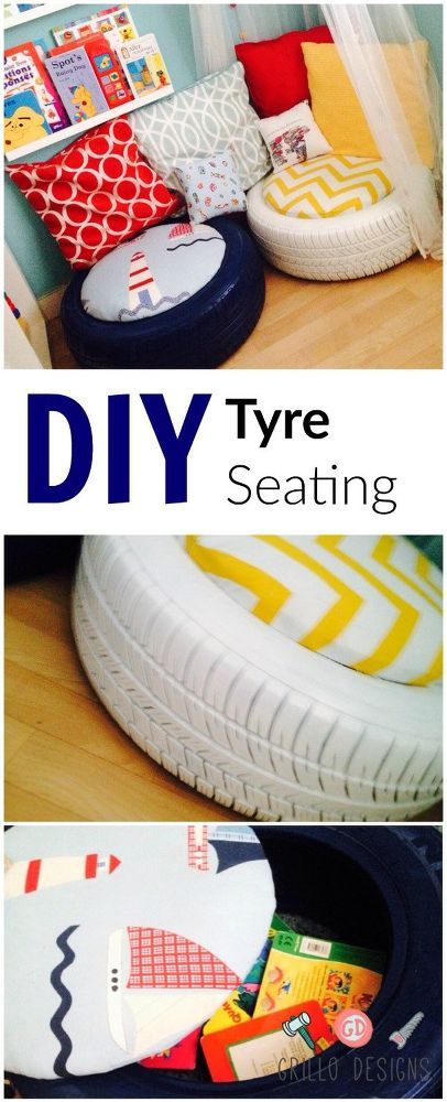 DIY Tire Seating grillo-designs.com HOMETALK Kursi Ban, Tire Seats, Old Tires, Flexible Seating, Kids Seating, Playroom Ideas, Big Boy Room, Boys Bedrooms, Décor Diy