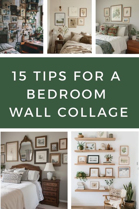 Create a stunning bedroom wall collage to make your bedroom stand out with these tips and tricks. Photo Collage Wall Ideas Bedrooms, Bedroom Photo Collage Wall, Gallery Wall Bedroom Ideas, Over Bed Gallery Wall, Gallery Wall For Bedroom, Photo Wall In Bedroom, Photowall Ideas Bedroom, Photowall Ideas, Picture Wall Bedroom