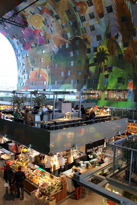 Markthal Rotterdam, Watere-stad, Rotterdam, South Holland_ Netherlands | The Market Hall is a sustainable combination of food, leisure, living and parking, fully integrated to celebrate and enhance the synergetic possibilities of the different functions. During the day it serves as central market hall, after hours the hall becomes an enormous, covered, well lit public space. Holland Netherlands, South Holland, Centre Commercial, Netherlands Travel, Santa Lucia, Utrecht, Rotterdam, Public Space, Market Design