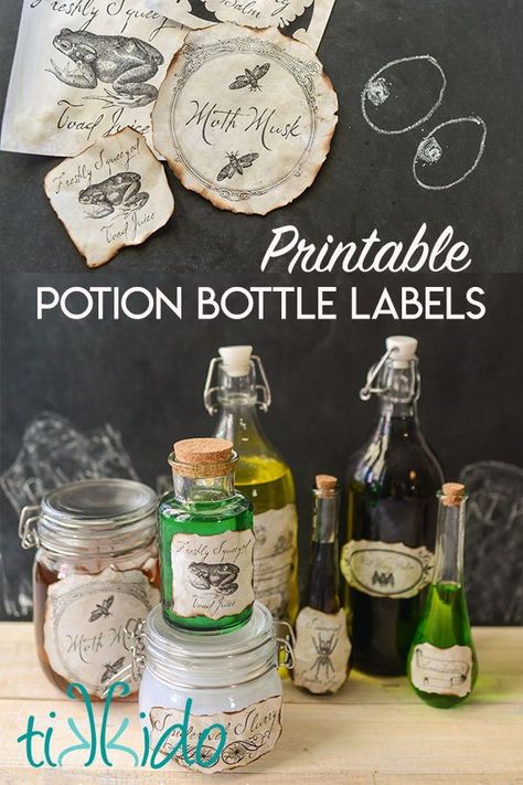 Get free printable potion bottle labels (in two sizes!) and tips and tricks for filling your bottles to make a great decoration for Halloween or a Harry Potter party. Halloween Potion Labels, Potion Bottle Labels, Harry Potter Potion Labels, Free Halloween Printables, Halloween Bottle Labels, Harry Potter Theme Birthday, Harry Potter Halloween Party, Imprimibles Halloween, Cumpleaños Harry Potter