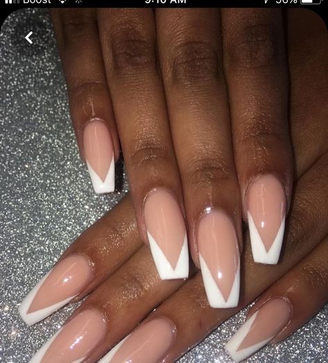 Deep V Cut French Tip Nails, V French Tip Nails Coffin, Deep V French Tip Nails, V Shape French Tip Nails, Angled French Tip, V Shaped French Tip Nails, French Tip Coffin Acrylic Nails, Triangle French Tip Nails, Diagonal Nails