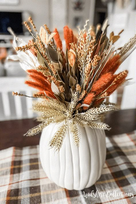 Easy fall centerpiece arrangement Fall Arrangements Floral Design Autumn, Fall Pots, Fall Pumpkin Centerpieces, Pumpkin Vase, Fall Decor Diy Crafts, Fall Table Centerpieces, Easy Fall Decor, Fall Flower Arrangements, Fall Floral Arrangements