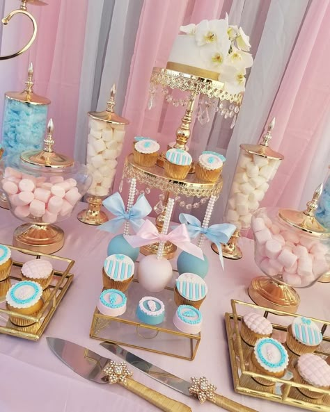 Gender Reveal Catering, Treats For Gender Reveal Party, Gender Reveal Party Table Set Up, Gender Reveal Treats Table, Royal Gender Reveal Party, Gender Reveal Desert Table Ideas, Gender Reveal Tables, Gender Reveal Dessert Table Ideas, Gender Reveal Sweets Table