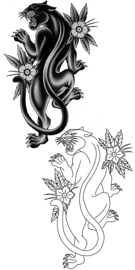 Black Panther Floral Tattoo, Year Of The Horse Tattoo Design, Panther Tattoo Thigh, Panther Neck Tattoo, Puma Tattoo For Women, Panther With Hearts Tattoo, Panther Back Tattoo, Traditional Panther Tattoo Design, Panther Tattoo For Women