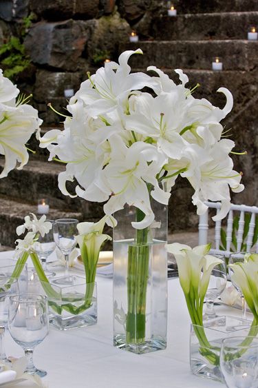 white lilies in tall cube vases with arum (calla) lilies - table centrepiece - David Tutera - Tropical White Event Lily Centerpieces, Flowers In Vases, Lily Wedding, Spring Tablescapes, White Wedding Flowers, Deco Floral, White Lilies, Floral Centerpieces, Calla Lily