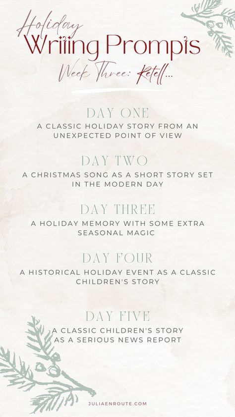 Holiday Writing Prompts — Julia en Route Blog Writing Prompts, Holiday Writing Prompts, Christmas Writing Prompts, Writing Hacks, December Writing, Fake History, Holiday Writing, Christmas Writing, Holiday Stories