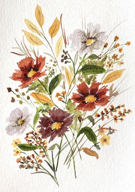 Watercolour Fall Flowers, Autumn Bouquet Drawing, Autumnal Watercolour Painting, Fall Flowers Watercolor Paintings, Fall Floral Watercolor, Fall Flower Watercolor, Autumn Flowers Painting, Autumn Flowers Watercolor, Fall Floral Painting