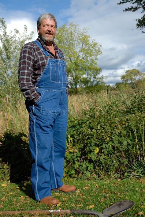 Farmer. Grey haired bearded farmer, wearing bib overalls Farmers Outfit, Overalls Outfit Men, Farmer Overalls, Gingerbread Man Costumes, Farmer Outfit, Overalls Shorts, Overalls Men, Overalls Outfit, Short Men Fashion