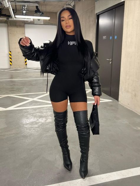 Playsuit Outfit, Givenchy Boots, Jumpsuit Long, Stylish Jumpsuit, Black Playsuit, Designer Jumpsuits, Celebrity Design, Ribbed Turtleneck, Long Jumpsuits