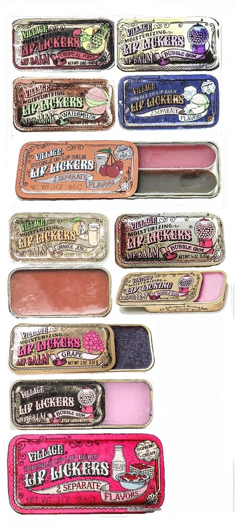 Lip Lickers Lip Balm Tins | Village Bath Products Vintage Lip Balm Tin, Tin Lip Balm, Vintage Lip Smackers, Coquette Lip Balm, Lip Balm Collection Aesthetic, Vintage Chapstick, Lip Lickers Lip Balm, Aesthetic Lip Balm, Vintage Makeup Products