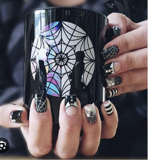 Adams Family Nail Designs, Addams Family Nails, Addams Nails, Wednesday Addams Nails, Adams Family, Addams Family, Wednesday Addams, Nail Inspo, Hair And Nails