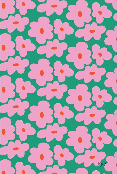 Bold floral print. Bubblegum pink organic flowers with a bright red orange center, patterned over a kelly green bagground. Pattern Design Inspiration Illustrators, Pink And Green Graphic Design, Collage Des Photos, Whatsapp Wallpaper, 수채화 그림, Phone Wallpaper Patterns, Cute Patterns Wallpaper, Cute Backgrounds, Pattern Download