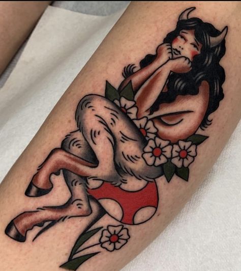 Animal Pinup Tattoo, American Traditional Cryptid Tattoo, American Traditional Unicorn Tattoo, American Traditional Ram Tattoo, Trad Fairy Tattoo, Alien Pinup Tattoo, Pin Up Tattoos Traditional, Fairy Tattoo Traditional, Cupie Doll Tattoo