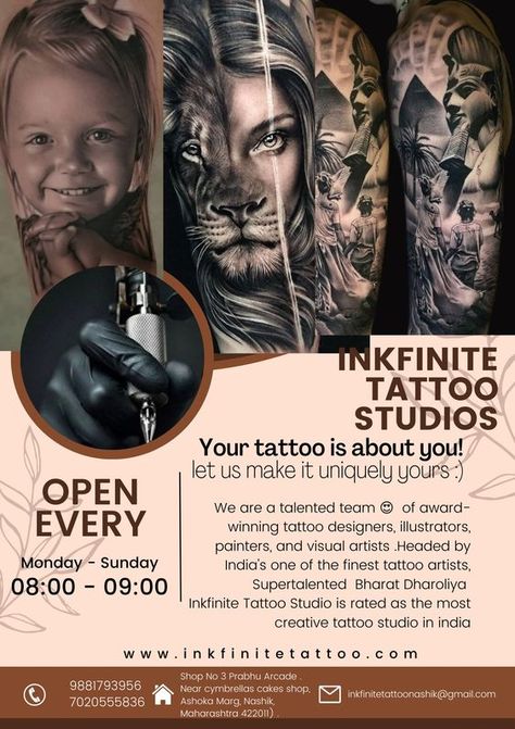 NASHIK TATTOO STUDIO|#tattoo #handtattoo #tattoos #tattooartist 1627 Tattoo Flyer Design, Tattoo Artist Logo Design, Media Tattoo, Tattoo Artist Aesthetic, Baphomet Tattoo, Tattoo Artist Quotes, Tattoo Artist Business Cards, Tattoo Poster, Prince Tattoos